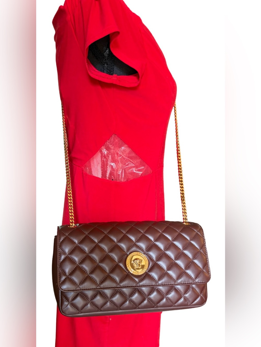 Versace La Medusa Brown Quilted Lambskin Leather Medium Crossbody Shoulder Bag - Picture 16 of 16